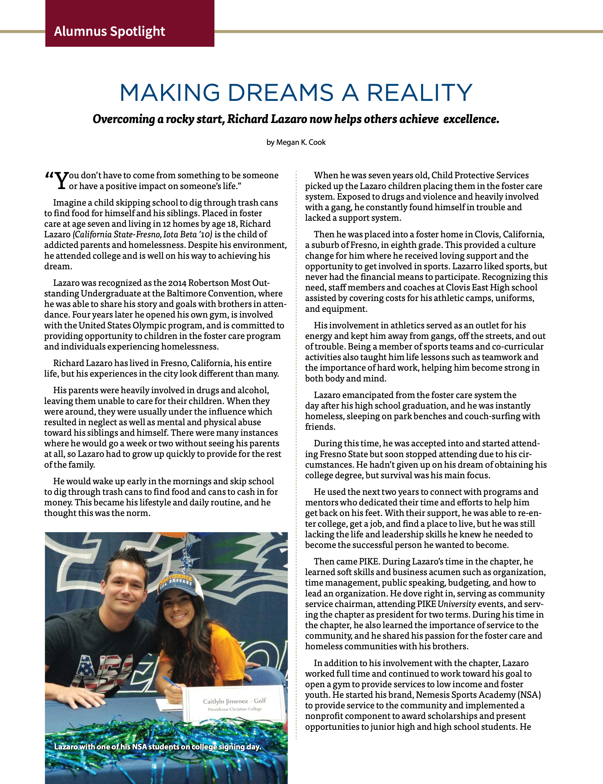 Alumnus Spotlight: Making Dreams a Reality, Winter 2018